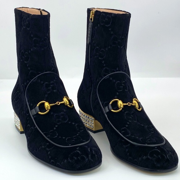 Gucci Shoes - Gucci horsebit GG black velvet crystal heel ankle